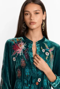 Outlet Johnny Was Ashira Velvet Henley Shirt Tunic Deep Teal