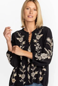 Best Johnny Was Calipso Button Neck Field Blouse Black