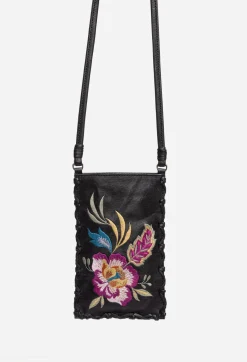 Johnny Was Floreale Whipstitch Italian Leather Cell Phone Crossbody Black