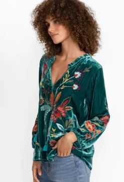 Discount Johnny Was Isabella Velvet Field Blouse Deep Teal