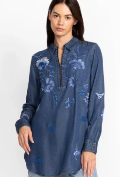 Hot Johnny Was Jazmine Zipup Shirt Tunic Denim Blue