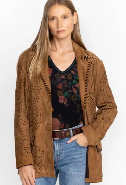 Sale Johnny Was Laser Cut Suede Whipstitch Blazer Gold