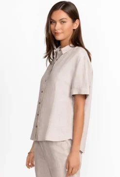 Sale Johnny Was Linen Cuff Sleeve Camp Shirt Silver Cloud