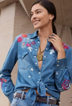 New Johnny Was Mika Denim Pocket Shirt Denim Blue