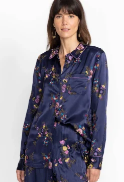 Johnny Was Misty Rayon Button Down Shirt Sapphire Blue