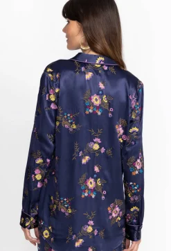 Johnny Was Misty Rayon Button Down Shirt Sapphire Blue