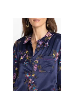 Johnny Was Misty Rayon Button Down Shirt Sapphire Blue