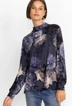 Johnny Was Puff Sleeve Mock Neck Grey Peony