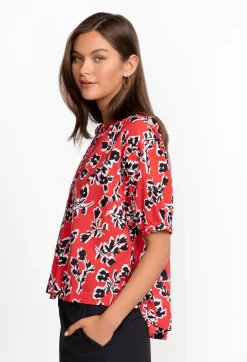 Discount Johnny Was Shirred Neck Button Down Blouse Poppy Red Garden Vines