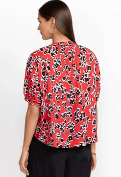 Discount Johnny Was Shirred Neck Button Down Blouse Poppy Red Garden Vines