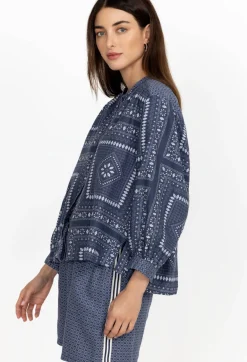 New Johnny Was Shirred Yoke Blouse Patched Ikat