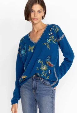 Best Johnny Was Sidona Cashmere Whipstitch Sweater Blue