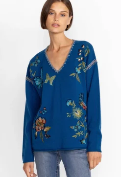 Best Johnny Was Sidona Cashmere Whipstitch Sweater Blue