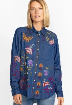 Johnny Was Toni Relaxed Denim Pocket Shirt Denim Blue