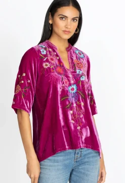 Discount Johnny Was Ulla Velvet Easy V-Neck Blouse Raspberry