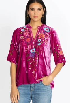 Discount Johnny Was Ulla Velvet Easy V-Neck Blouse Raspberry