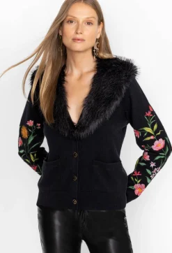 Discount Johnny Was Vista Faux Fur Collar Cardigan Black